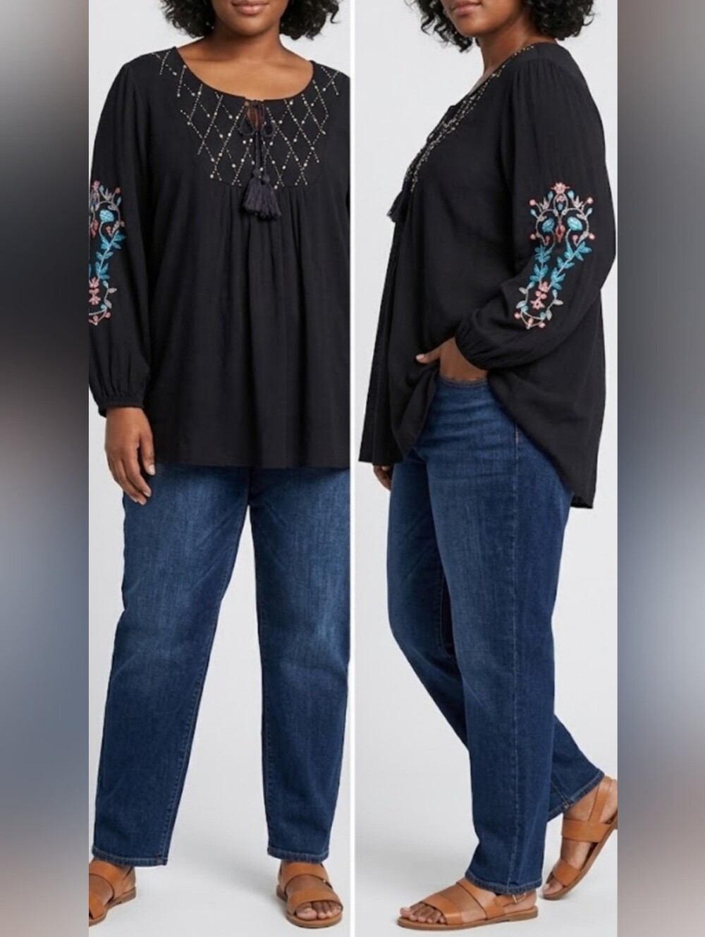 Style & Co. 100% Rayon Black Embroidered Peasant Tunic Blouse Tassel Tie 2X
